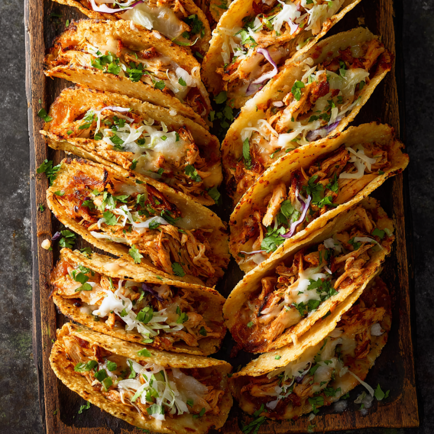 A wooden tray holds a delicious assortment of mini baked chicken tacos, each with a variety of toppings.