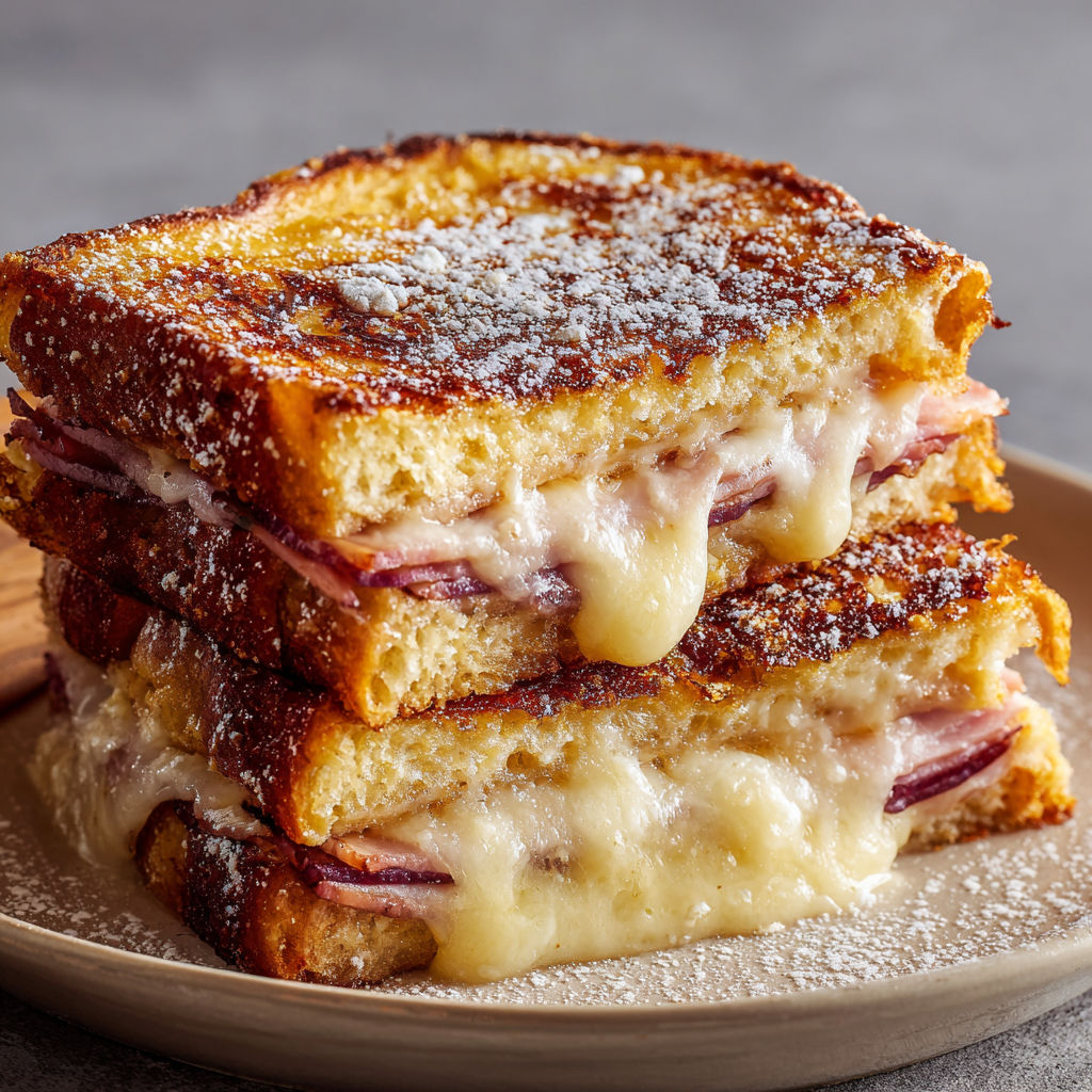 A delicious Monte Cristo sandwich is stacked on a plate, ready to be enjoyed.
