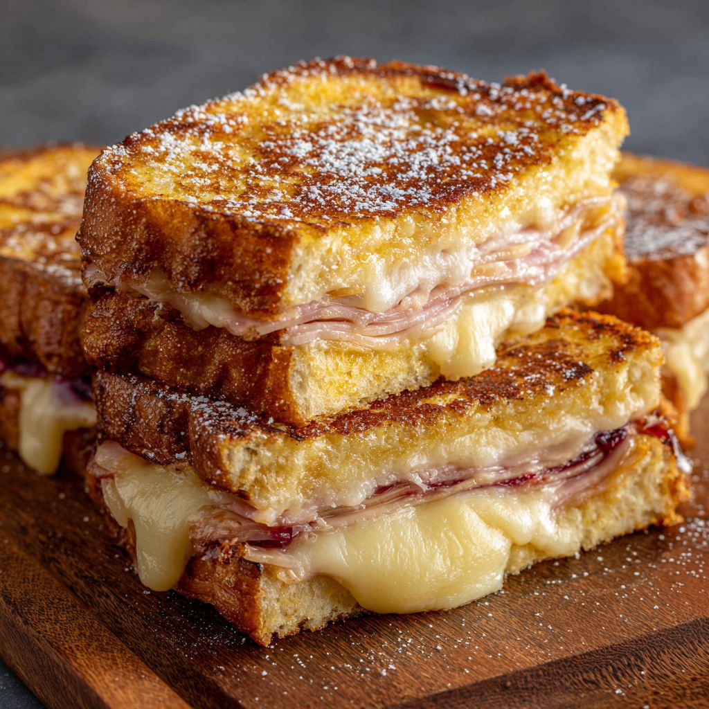 A delicious Monte Cristo sandwich is stacked on a wooden cutting board, ready to be enjoyed.