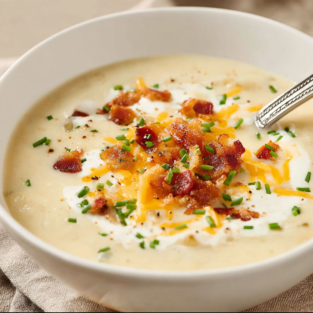 A bowl of creamy soup with bacon bits and cheese, served with a spoon.