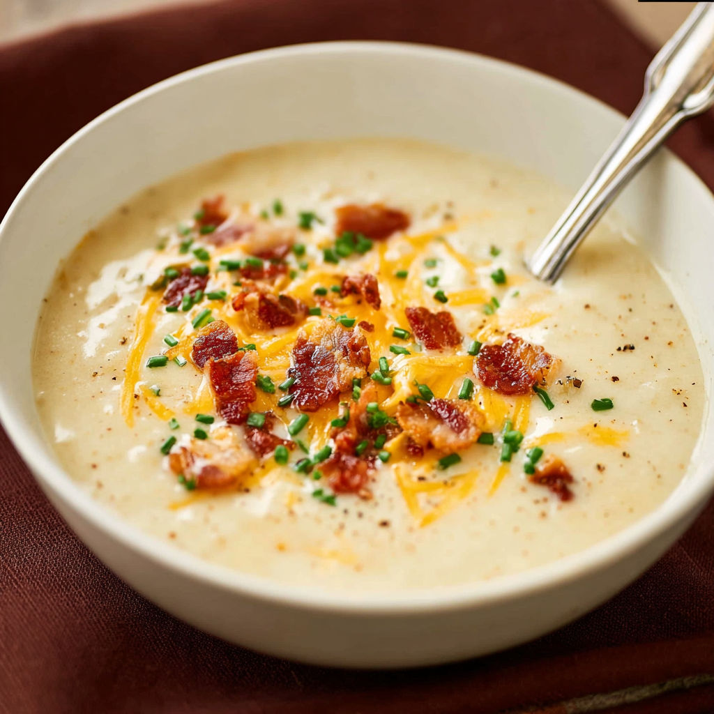 A bowl of creamy soup with bacon bits and chives, served on a table.