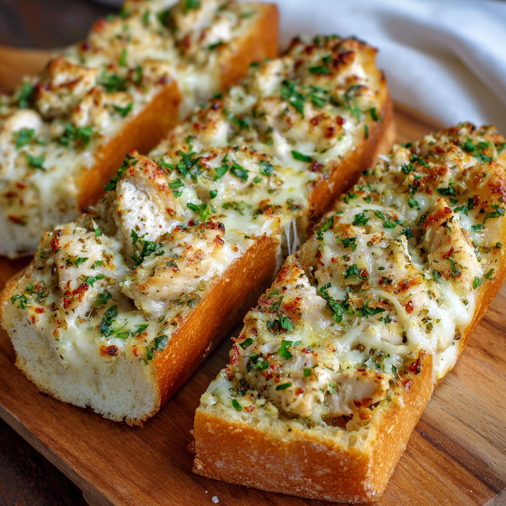 A delicious Chicken Alfredo Garlic Bread is displayed on a wooden cutting board.
