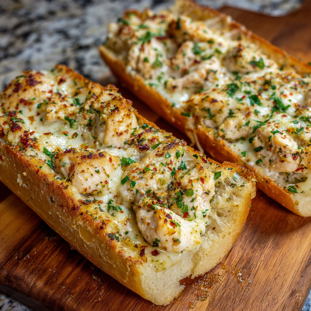 Two pieces of garlic bread with chicken alfredo on top.