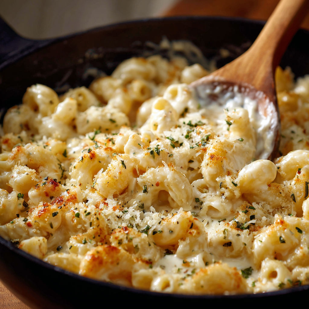 A close up of a delicious Brie Mac and Cheese dish.