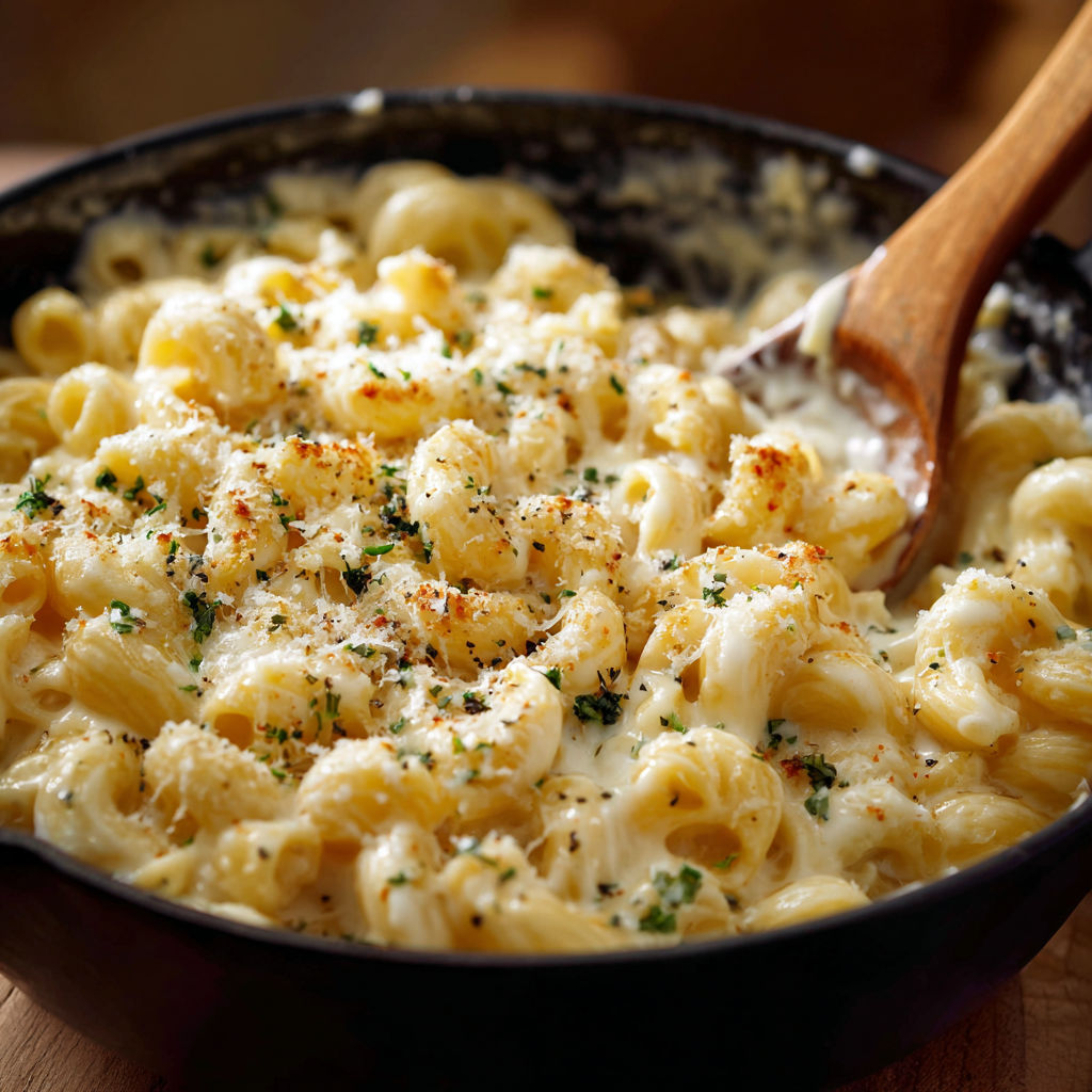 A delicious Brie Mac and Cheese dish in a black bowl.
