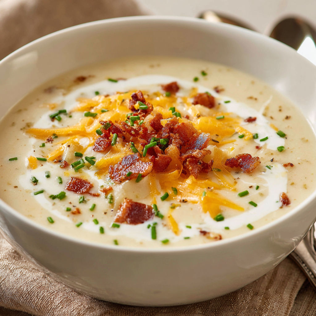 A bowl of Baked Potato Soup with bacon bits and chives on top.