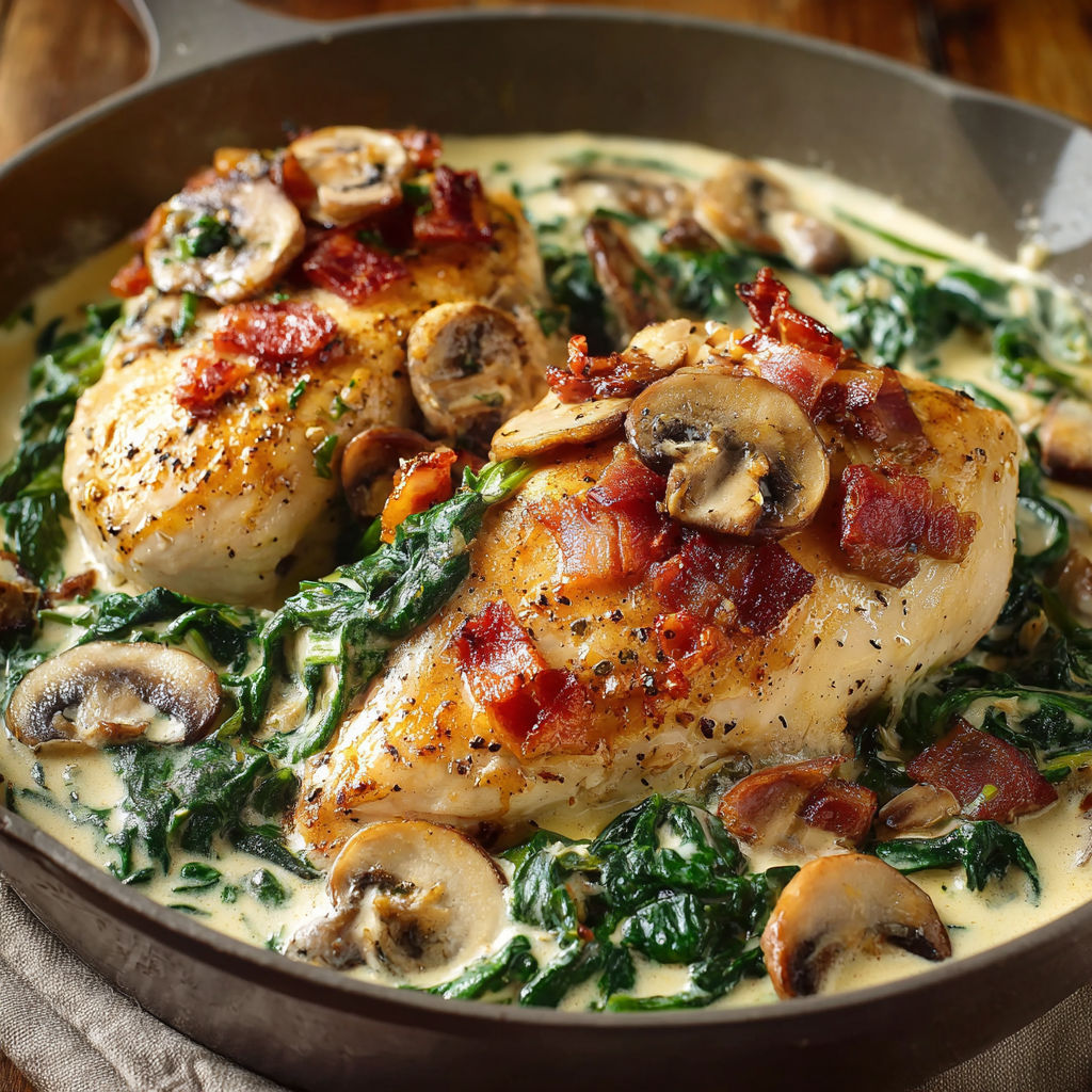 A delicious meal of chicken with creamed spinach, bacon, and mushrooms is served in a pan.