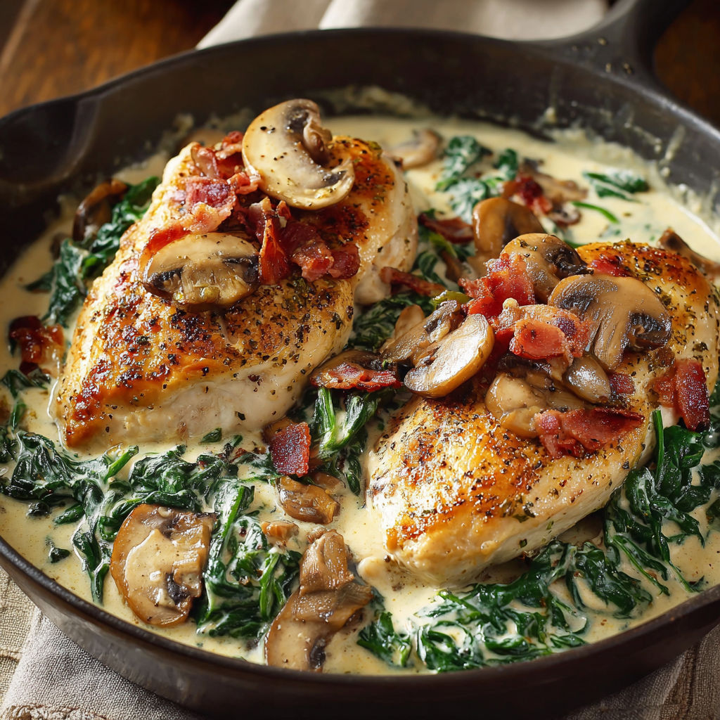 A delicious meal of chicken with creamed spinach, bacon, and mushrooms is served in a black skillet.