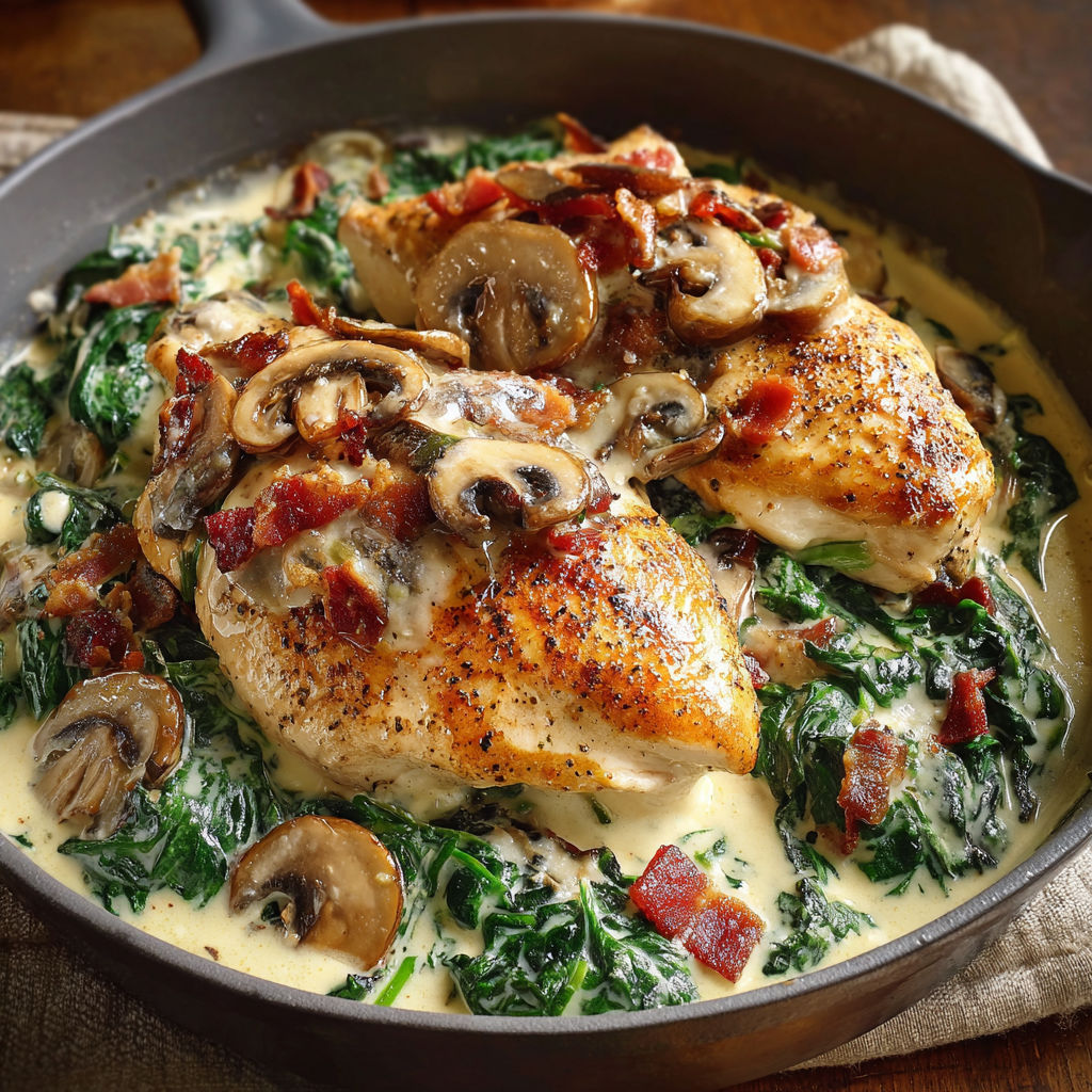 A delicious meal of chicken with creamed spinach, bacon, and mushrooms is served in a pan.