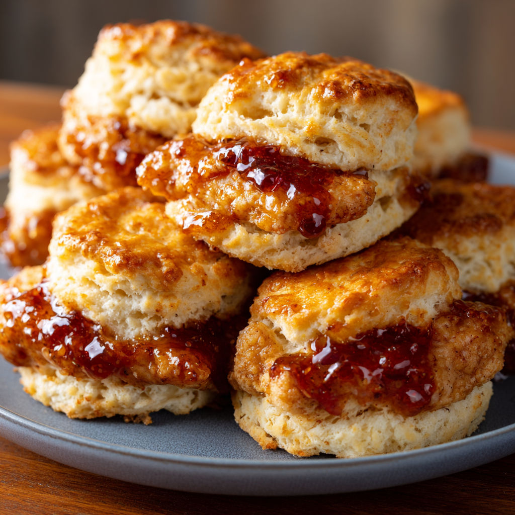 A plate of biscuits with jam on top.