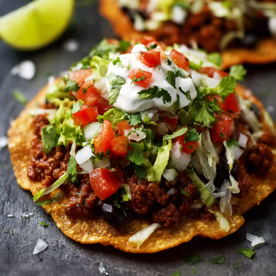 A delicious tostada with ground beef, tomatoes, lettuce, and sour cream.