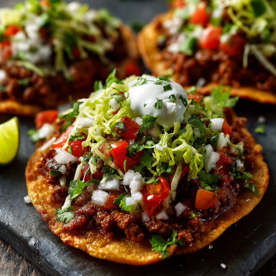 A plate of Mexican food with a variety of toppings, including lettuce, tomatoes, and cheese.
