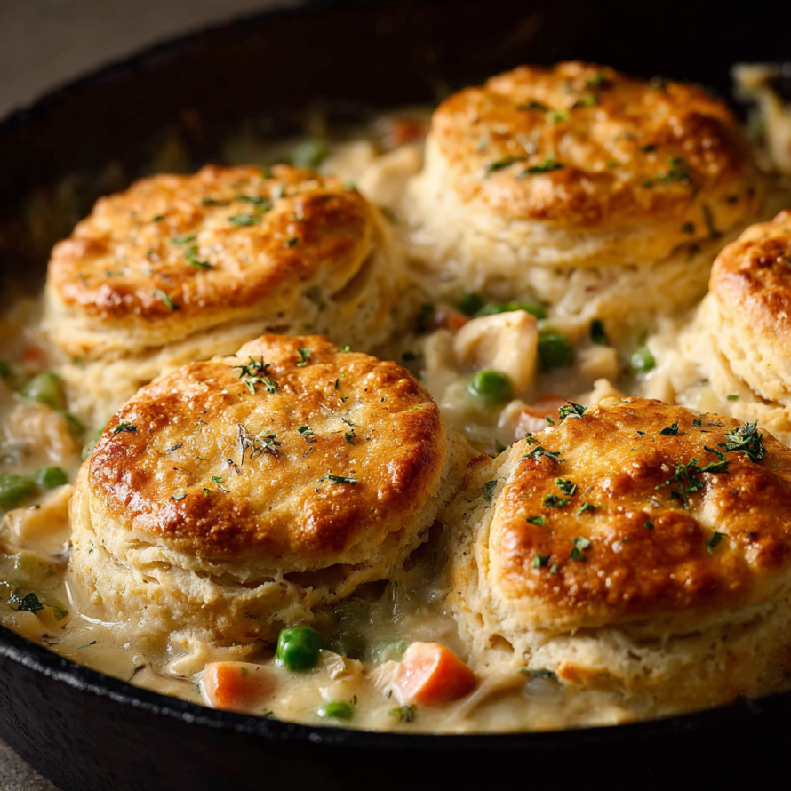 A pan of food with a variety of ingredients, including peas, carrots, and biscuits.