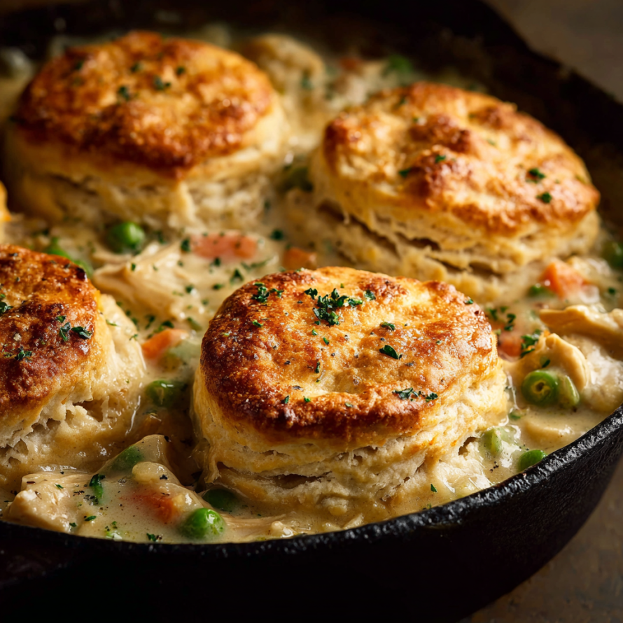 A pan of food with a variety of ingredients, including peas, carrots, and chicken.
