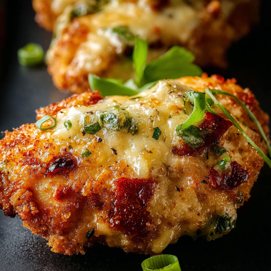 A close-up of a Pepper Jack Crack Chicken dish with cheese and herbs.