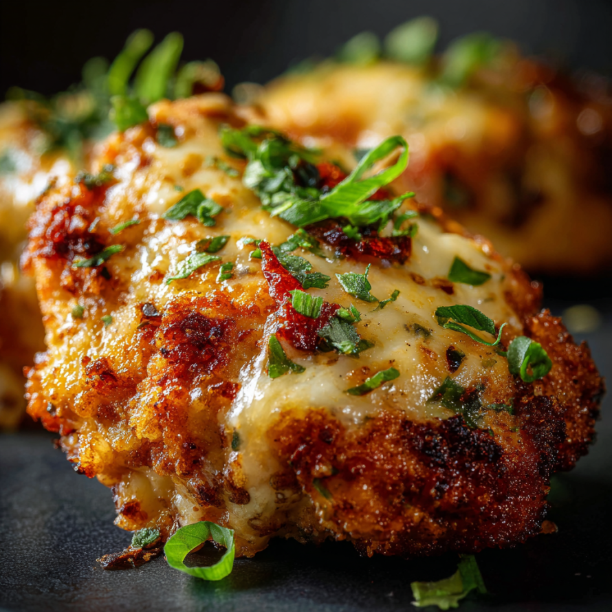 A close up of a delicious looking chicken dish with cheese and herbs.