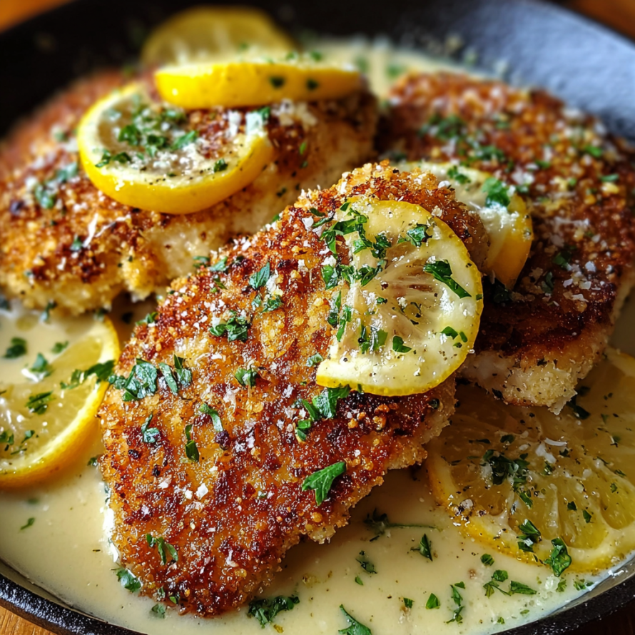 A dish of breaded chicken with lemon wedges on top, served with a creamy sauce.