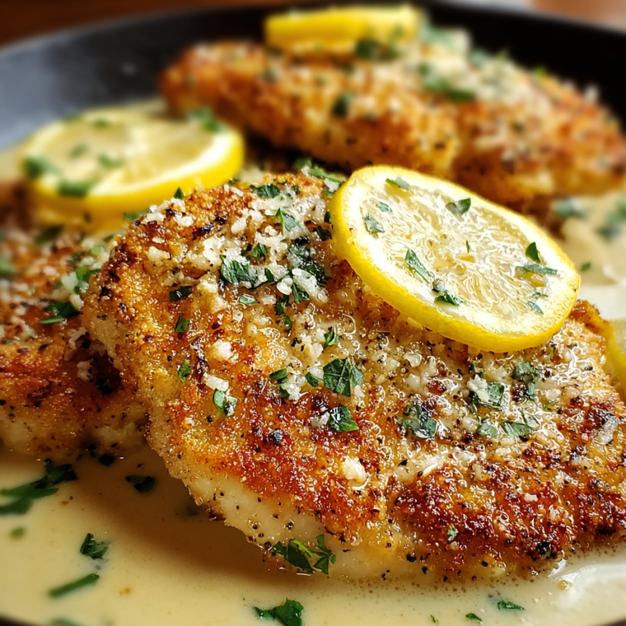 A plate of breaded chicken with lemon wedges on top, served with a creamy sauce.