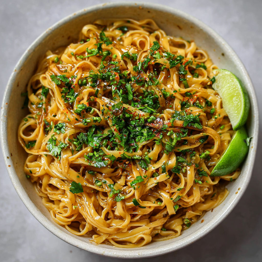 A bowl of noodles with vegetables and herbs, including lime wedges, is served in a bowl.