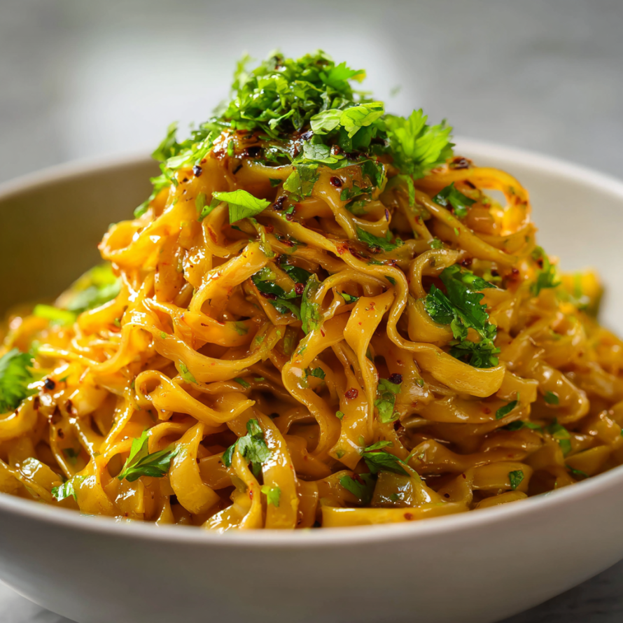 A bowl of noodles with a generous amount of green herbs on top, likely a dish called "Pesto Pasta.