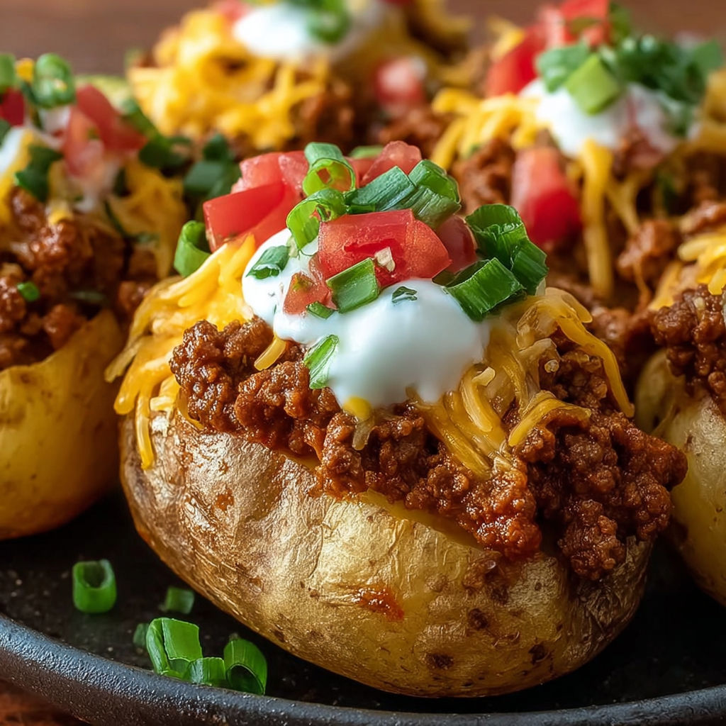 A plate of baked potatoes with chili and cheese on top.