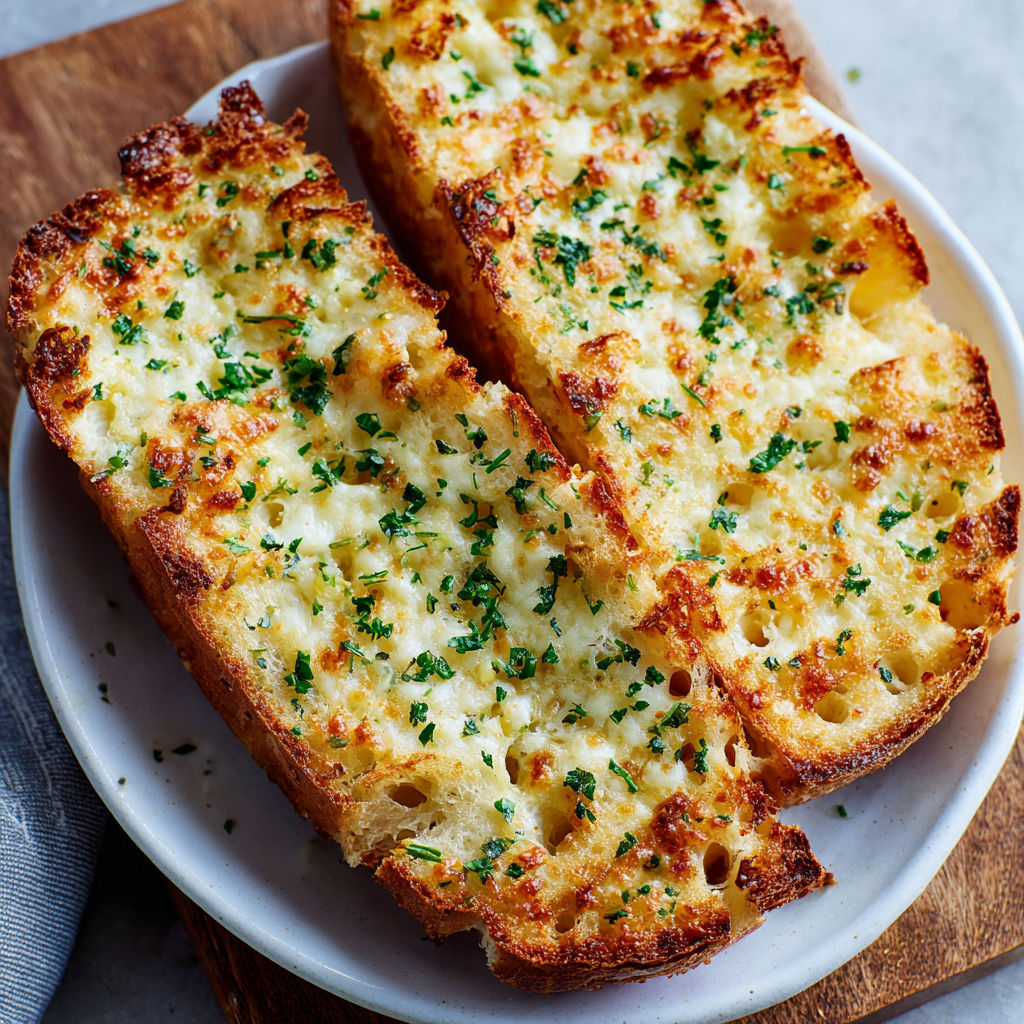 A white plate with two pieces of garlic bread on it.