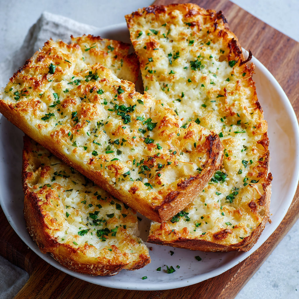A white plate with two pieces of garlic bread on a wooden cutting board.
