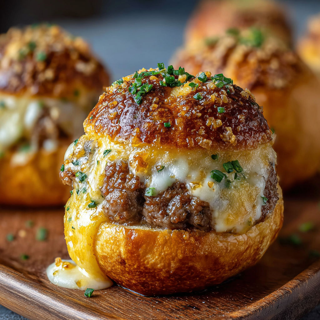 A plate of meatballs with cheese on top, served on a wooden platter.