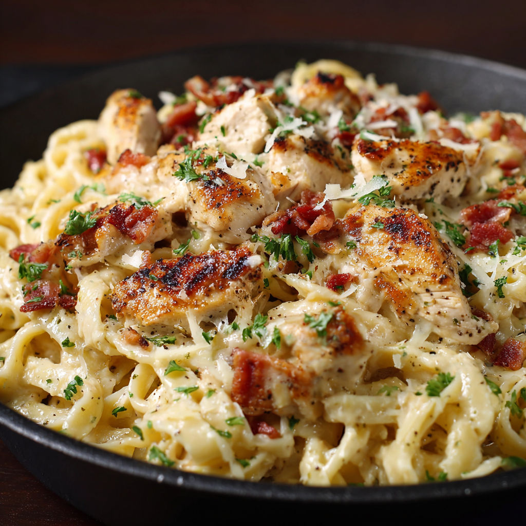 A delicious Cream Cheese Bacon Chicken Pasta dish is served in a black bowl.