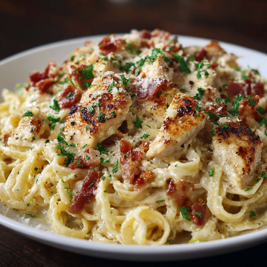 A plate of pasta with chicken and bacon on top, served with a side of garlic bread.