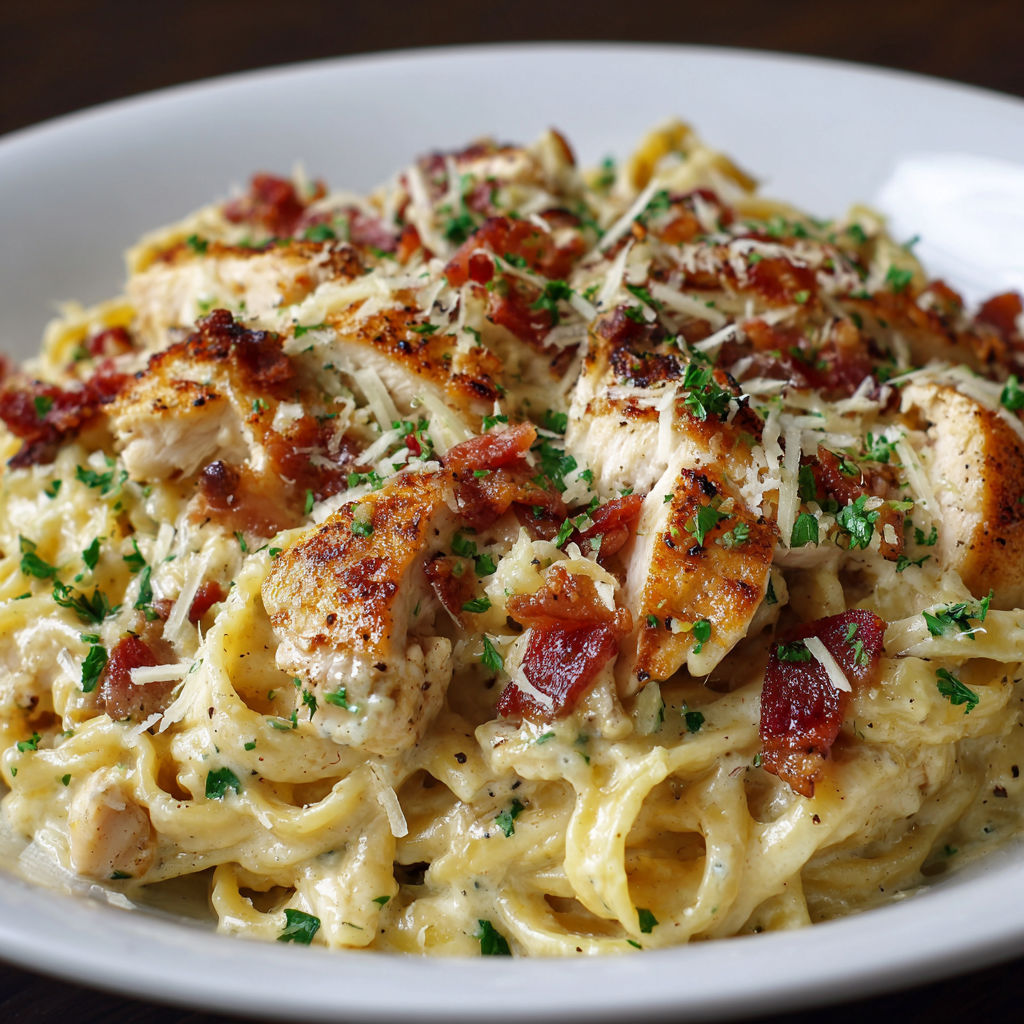A plate of chicken and bacon pasta with cheese and herbs.