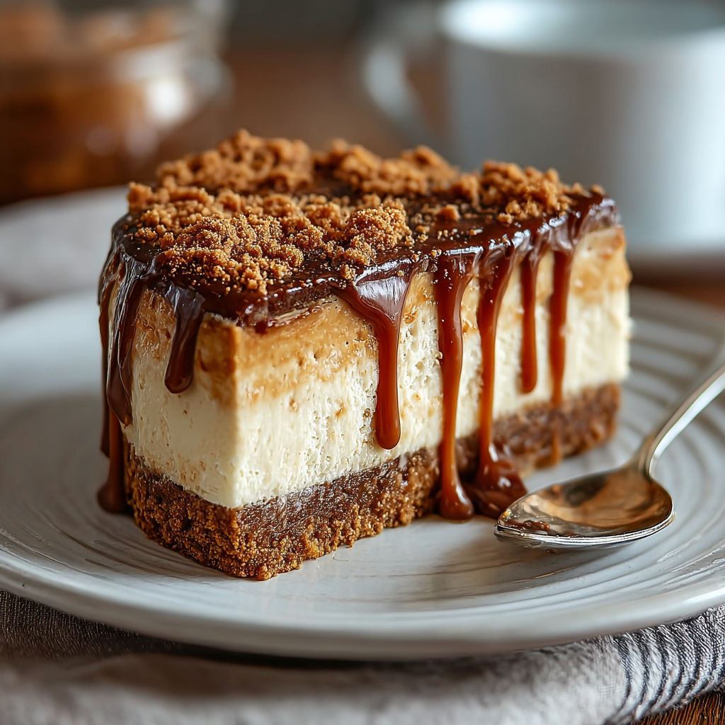 A slice of Biscoff Cheesecake with caramel drizzle on a plate.