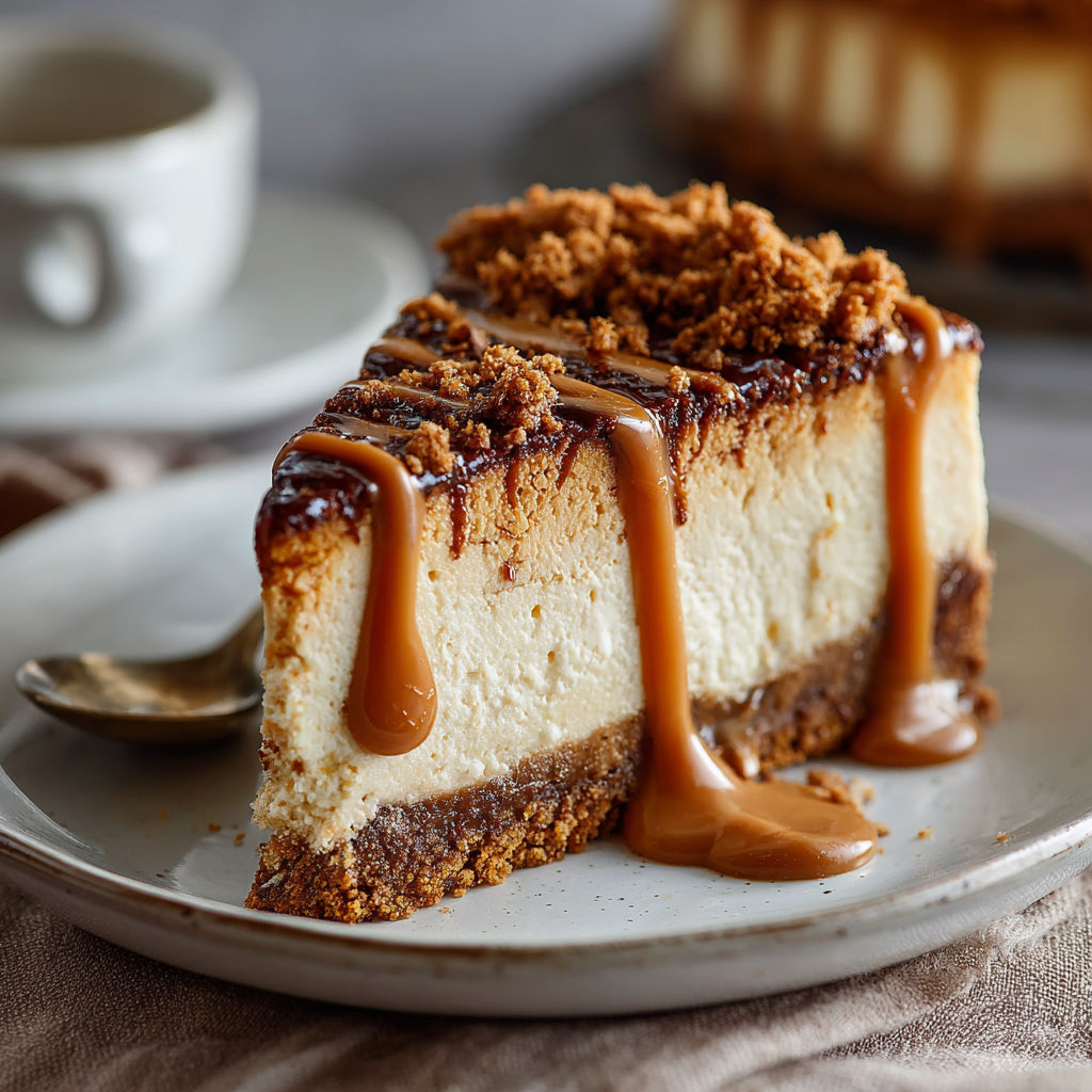 A slice of chocolate cheesecake with caramel drizzle on a plate.