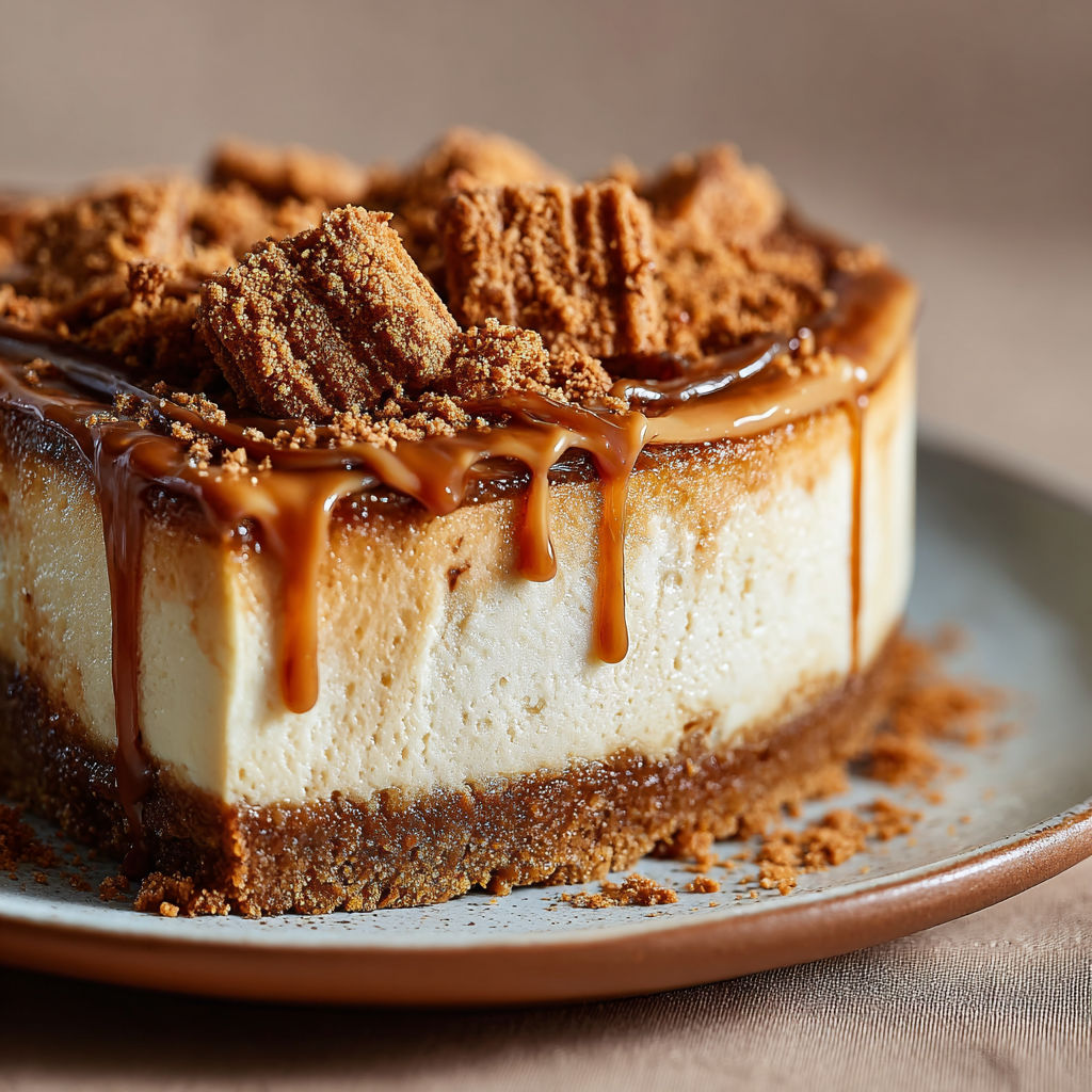 A slice of caramel cheesecake with a drizzle of caramel sauce on top.