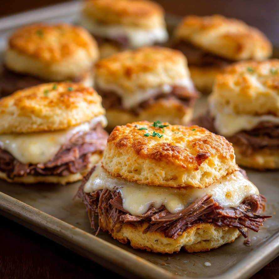 A tray of baked French Dip Biscuits with meat and cheese inside.