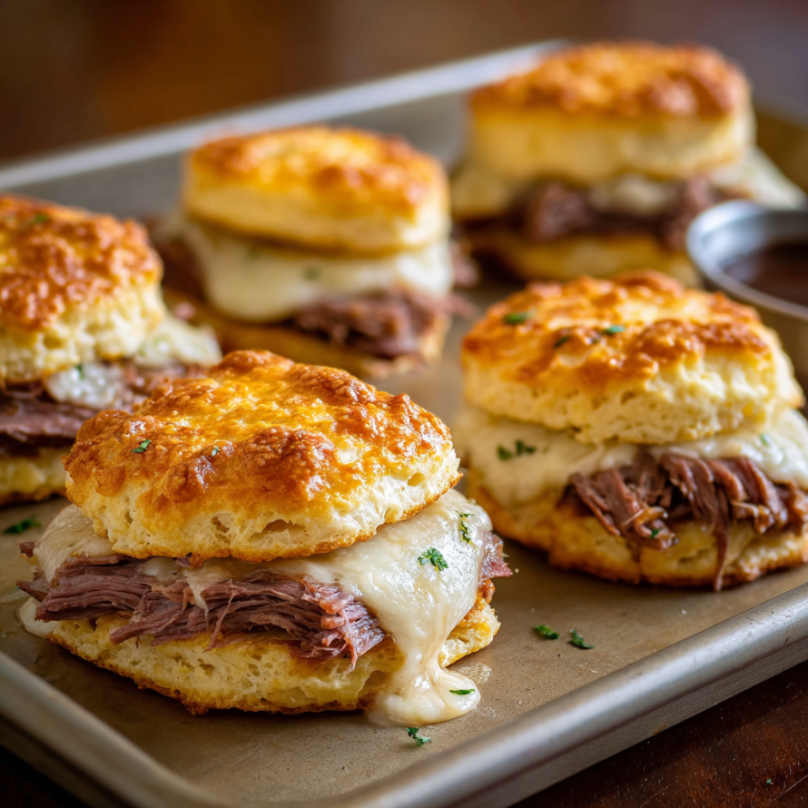 A tray of baked French Dip Biscuits with meat and cheese inside.