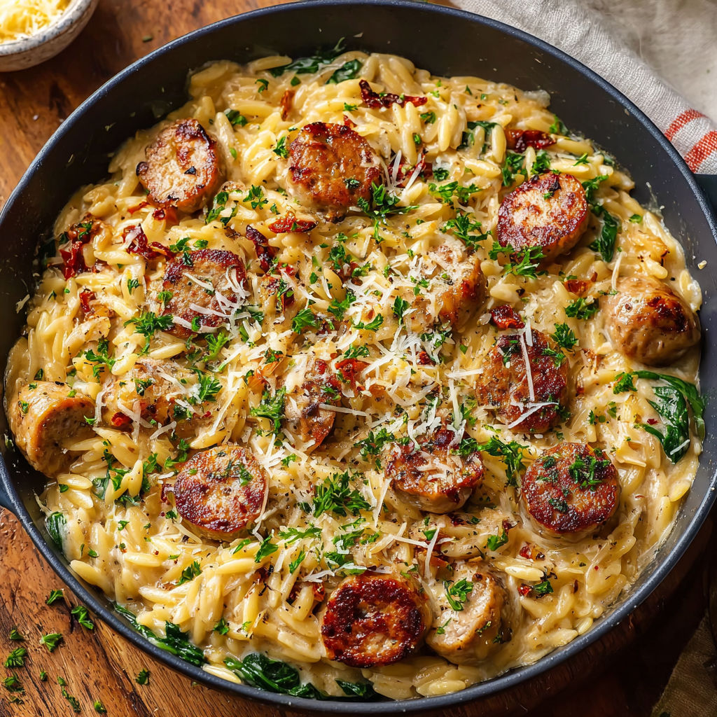 A delicious pasta dish with sausage and cheese, served in a blue bowl.