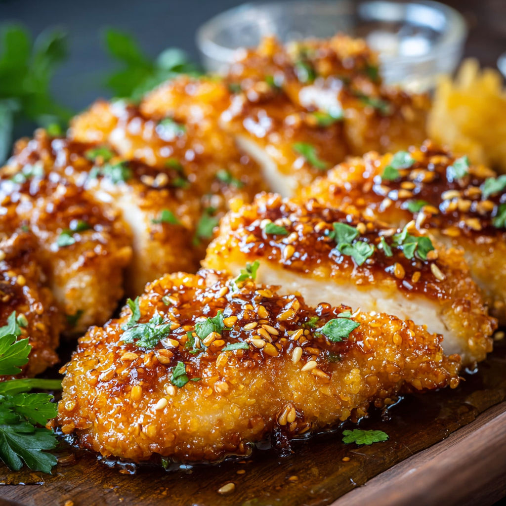 A plate of baked crunchy hot honey chicken with sauce drizzled over it.