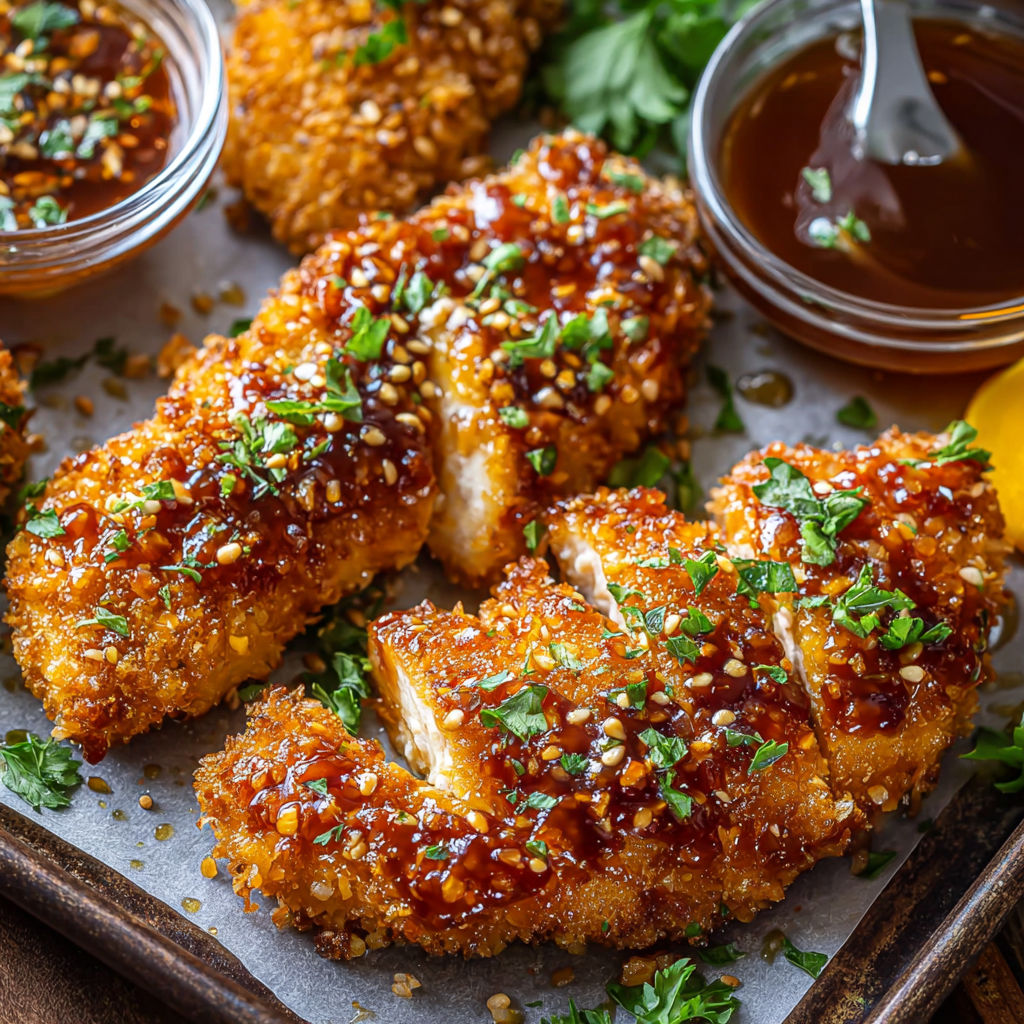 A delicious Baked Crunchy Hot Honey Chicken dish with a variety of sauces and seasonings.