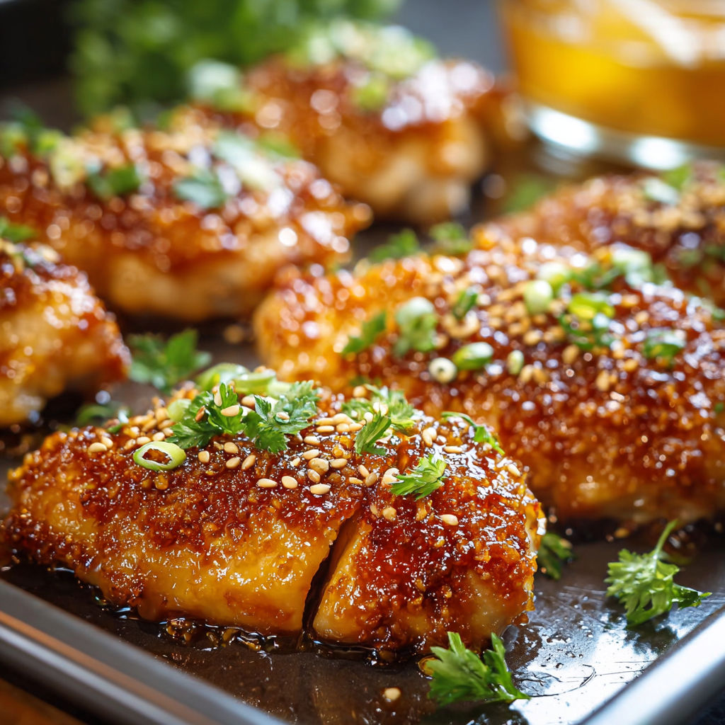 A pan of Baked Crunchy Hot Honey Chicken with sesame seeds on top.