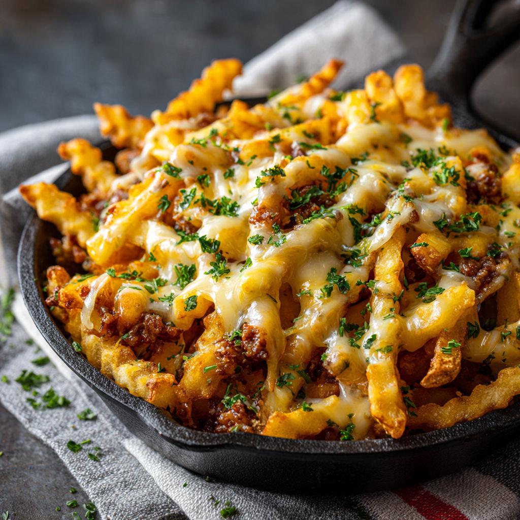 A delicious Chili Cheese Fries dish is served in a black skillet.
