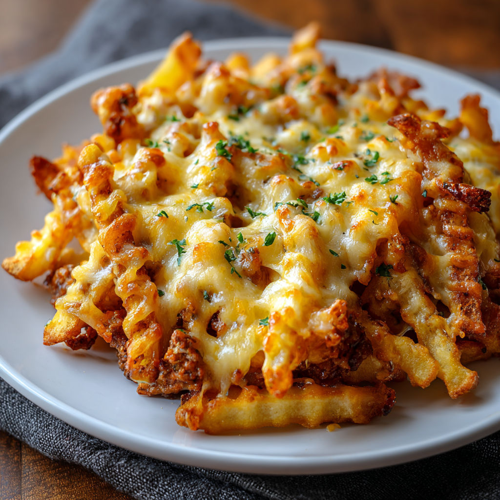 A plate of Chili Cheese Fries is served on a wooden table.