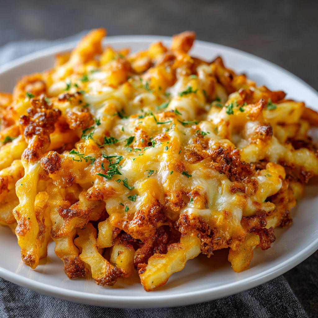 A plate of chili cheese fries with a generous amount of cheese and chili.