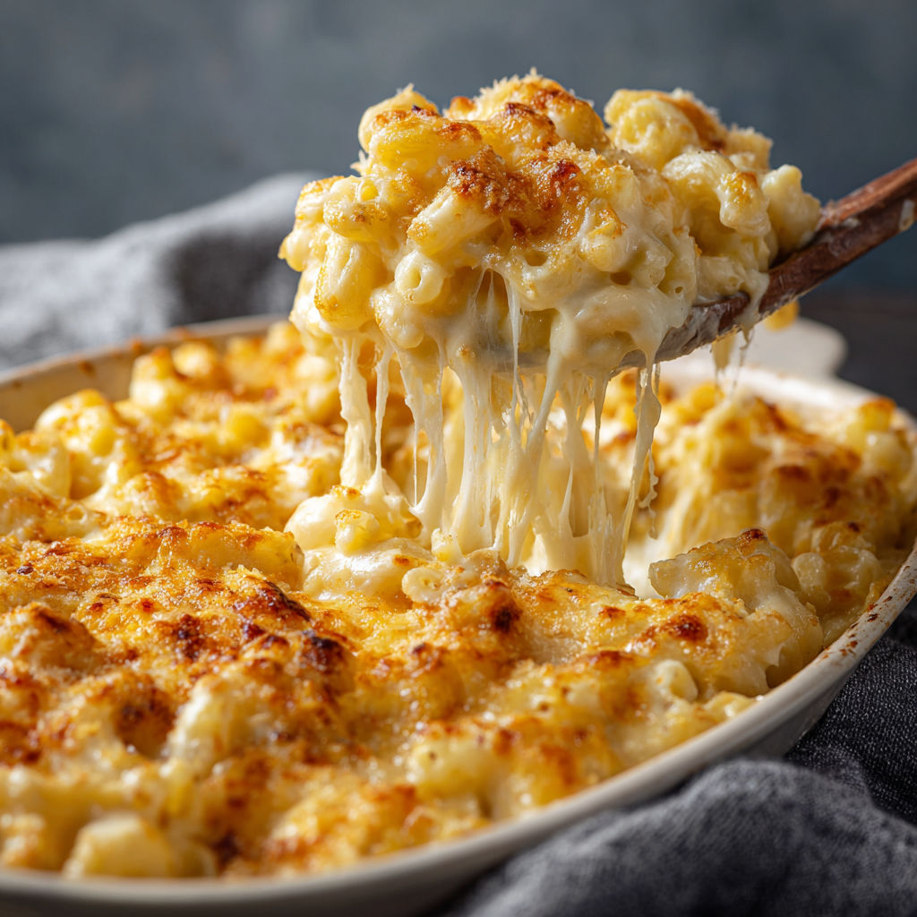 A close up of a delicious homemade mac and cheese dish.