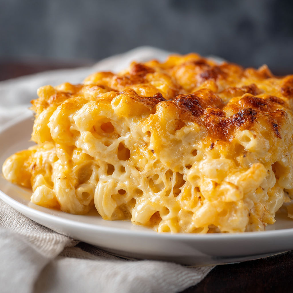 A plate of macaroni and cheese with a white plate and a brown table.