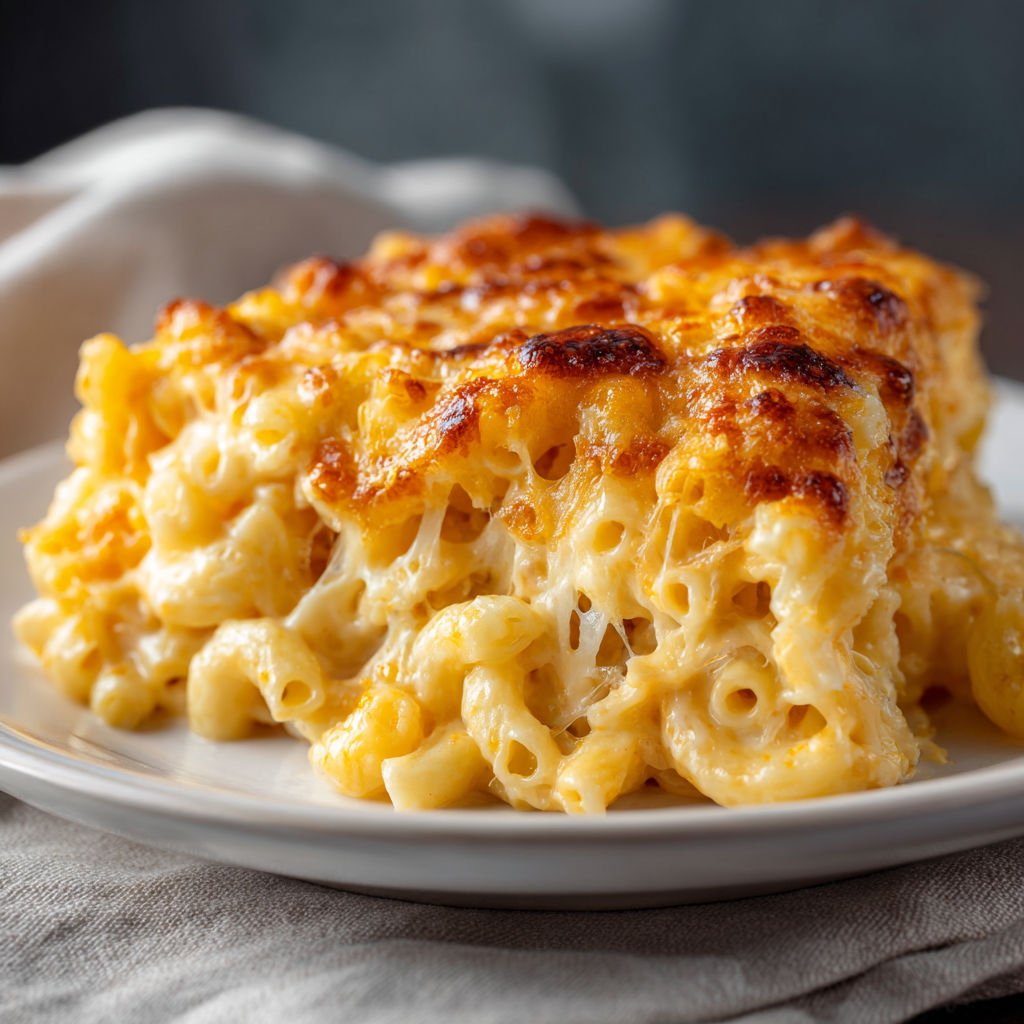 A delicious macaroni and cheese dish is served on a white plate.