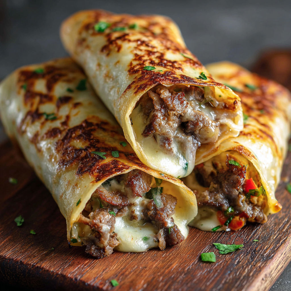 A delicious Keto Philly Cheesesteak Rolls recipe is displayed on a wooden cutting board.