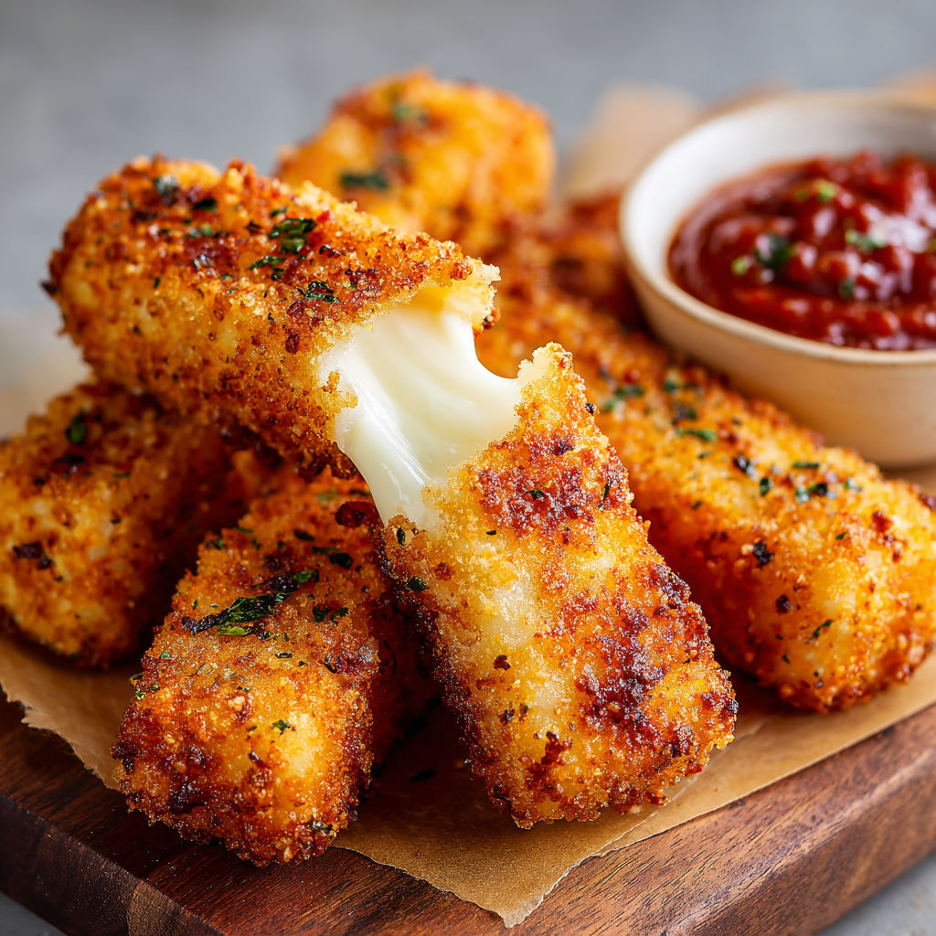 A plate of Nashville Hot Mozzarella Sticks, with a bowl of marinara sauce on the side.