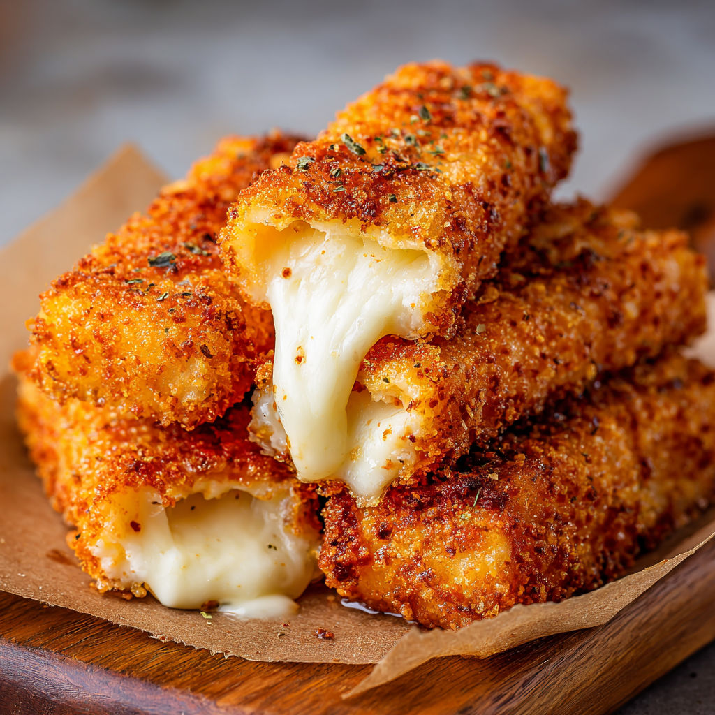 A stack of cheese-filled breadsticks on a wooden cutting board.