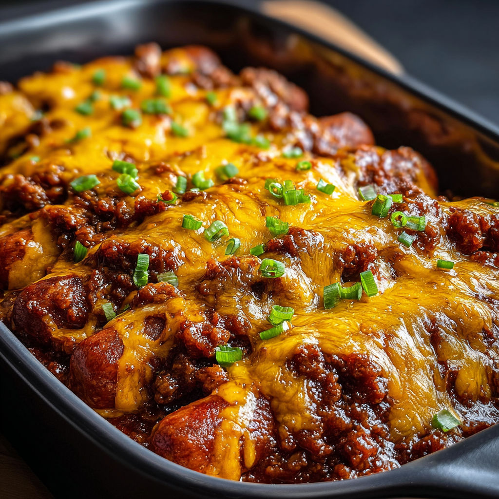 A delicious chili cheese casserole in a black bowl.